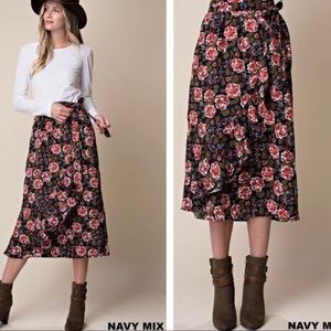 Floral Navy Midi Skirt with Tie Waist